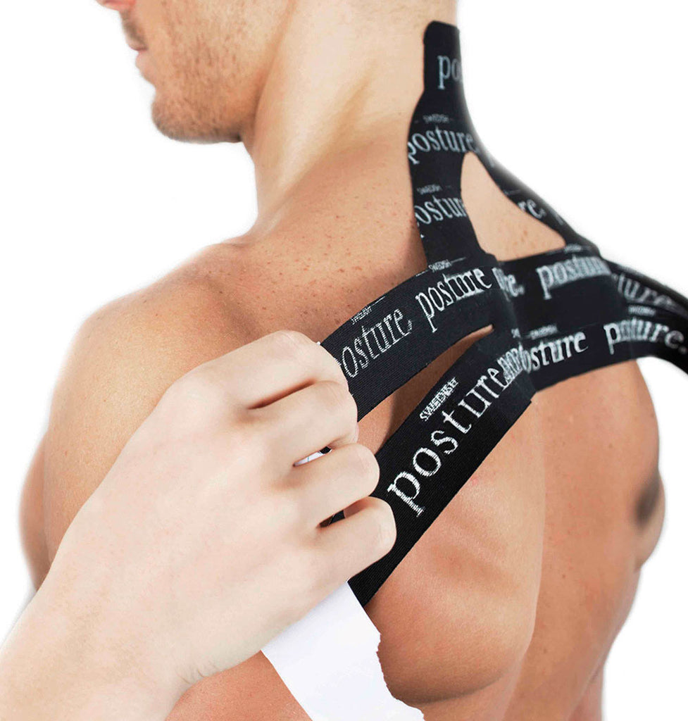 putting on kinesiology tape shoulders and back